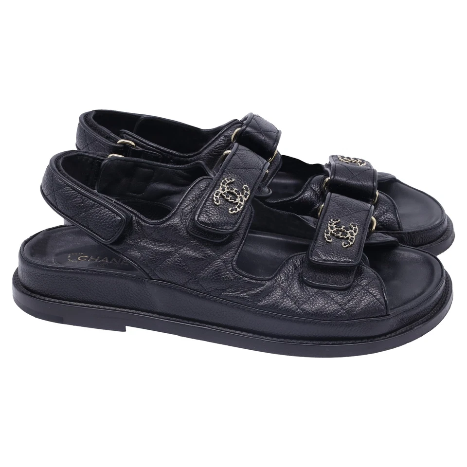 Chanel Cc Dad Quilted Sandals In Calf Leather Women Black Size 38