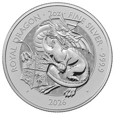 2026 U.K. 5 Pound 2 oz Silver Tudor Beast Royal Dragon Brilliant Uncirculated 73.67 per troy oz