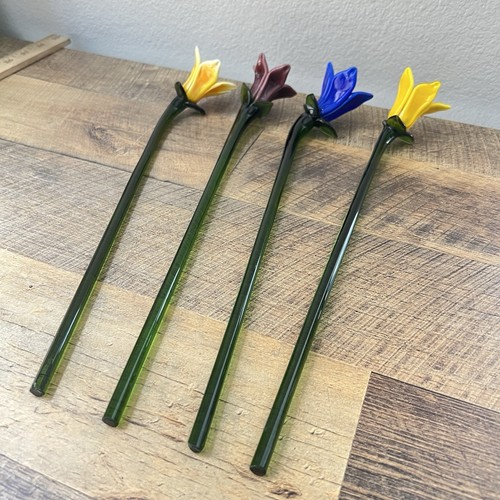 Qty 4 Art Glass 14" Long Stem Petal Flowers in Blue, Yellow & Purple - 第 2/8 張圖片
