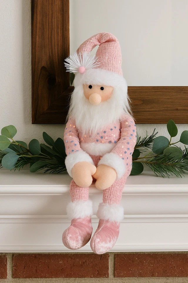 Caprichoso Muñeco de Peluche Rosa Papá Noel Conjunto con Lentejuelas Barba Blanca Decoración de Navidad Foto 2 de 4