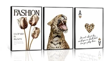3Pcs Leopard Theme Wall Art Canvas Set Featuring Fashion Tulips Roaring Leopa...