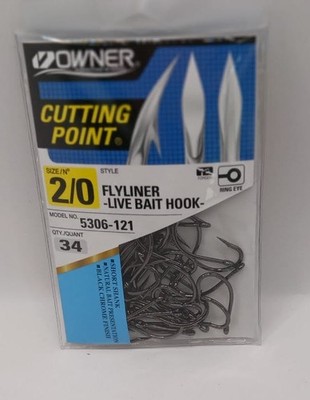 Owner 5306-121 Flyliner Live Bait Hook Welded Ring Black Chrome Size 2/0 34Ct