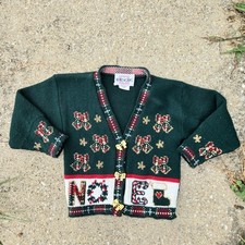 Childs Vintage Knit Heartworks Christmas Caridgan Sweater V Neck Bow Buttons 4t
