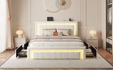 Queen Size Bed Frame with Upholstered LED Headboard  4 Storage Drawer, Charging.