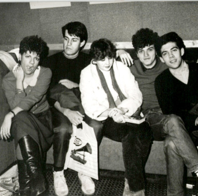 Original Snapshot 80s Post-Punk Group Sitting Woman Making Face Retro Hairstyles