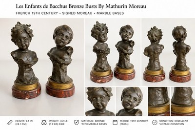 Antique French Bronze Bust Pair Les Infants De Bacchus Maturin Moreau Marble Bas