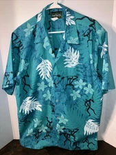ISLAND ALOHA WEAR Hawaiian Shirt Men XL Blue Tribal Foliage Abstract🇺🇸USA Made