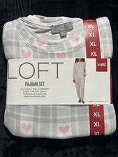 LOFT Pajama Set XL Gray  Pink Plaid Heart Long Sleeve Knit Drawstring Waist