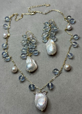 Set Kette Ohrringe Anh&auml;nger Aquamarin Morganit Barockperle Perle 925 Silber