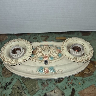 Vtg 1920s 1930s Virden Metal Flush Mount Light Fixture Two Bulb Pastel Flowers