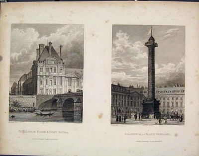 Original alter antiker Druck Pavillon Flore Royal Colonne Place Vendome Frace Art