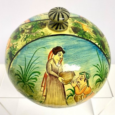 VTG Lacquered Wooden Hand Painted Turquoise Bowl + Lid Made In Turkish Folk Art