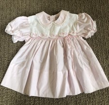 Vtg Infant Dress Pink smocked w/embroidered collar lace trim size 24Mo
