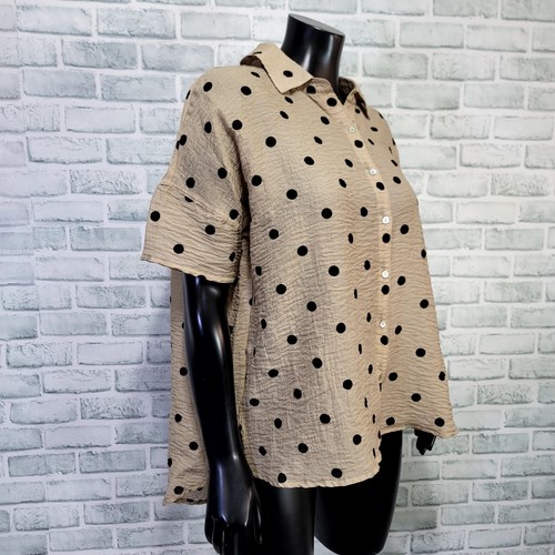 Mododoc Womens S Tan Black Polka Dot Gauze Knit Button Front Oversized Popover - Picture 3 of 6