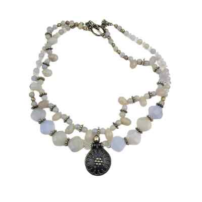 Vintage Sterling Silver 925 Beaded Blue Stone Double Strand Chunky Necklace 8''