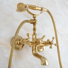 Polished Gold Brass Wall Mounted Clawfoot Bath Tub Faucet w/ Handheld Shower