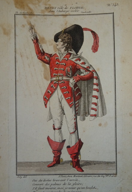 GRABADO COLOR DISFRAZ TEATRO MARTINET IMPERIO HOMBRE HENRY MOSQUETERO 1810