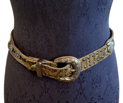 Vtg 80s Belt Gold Tone Pewter Mesh Metal Studded Snakeskin  display picture 1