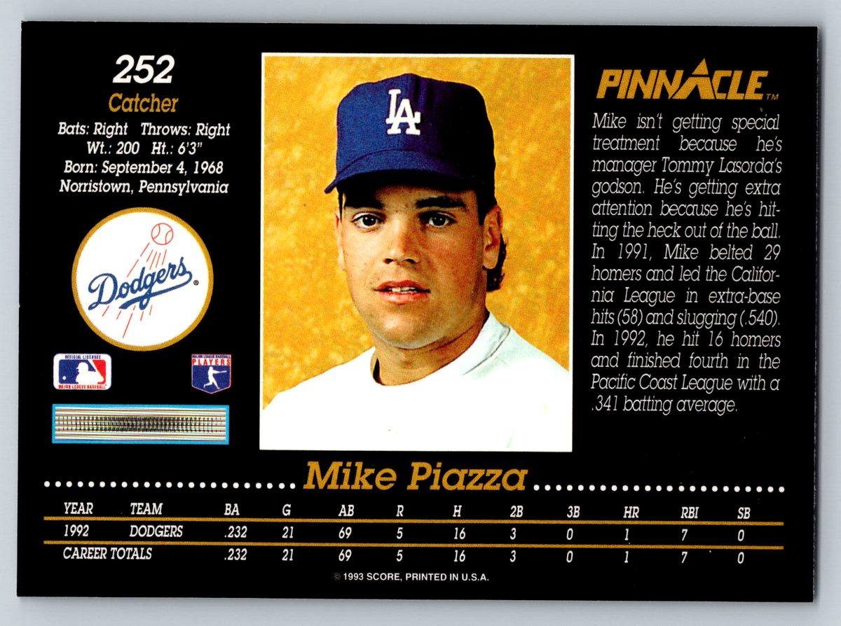1993 Pinnacle #252 Mike Piazza Los Angeles Dodgers Baseball Card