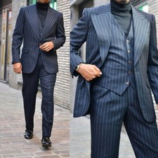 Men's Business Striped Suits WIde Lapel Single Breasted 3 Pieces Wedding Suit