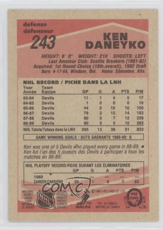 1989-90 O-Pee-Chee Ken Daneyko #243 Rookie RC
