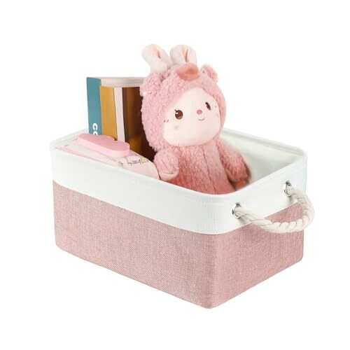 Storage Bins with Sturdy Cotton Handles(1 Pack), Fabric Small Pink-White-image