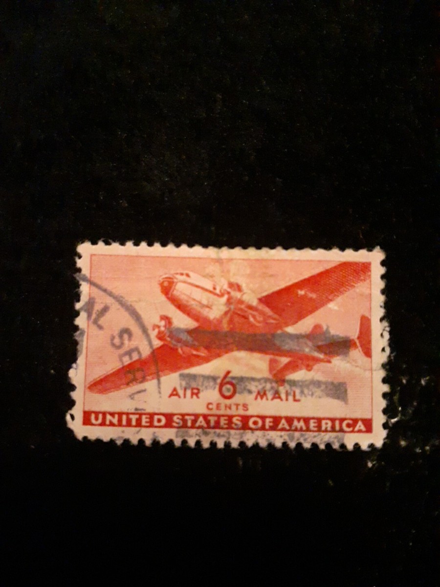 レア1940年代のレッドエアメール6セント使用済切手 RARE 1940's Red Air-Mail Stamp 6cents U.S.Postage Aviation