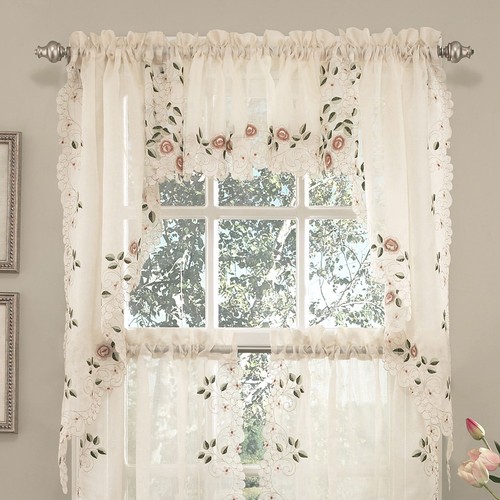 Floral Embroidered SemiSheer Linen Kitchen Curtain Choice Tier Valance