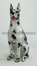 CANE ALANO ARLECCHINO SEDUTO IN CERAMICA BIANCA CON MACCHIE ANIMALI ARREDO CASA
