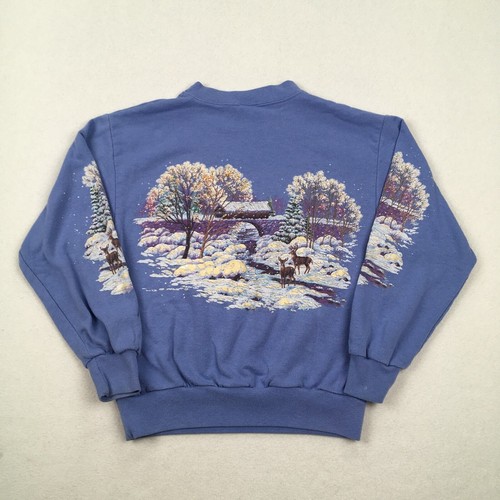 Vintage Winter Sweatshirt Size Youth Medium Purple Crewneck AOP Snow Trees Deer - Picture 13 of 13