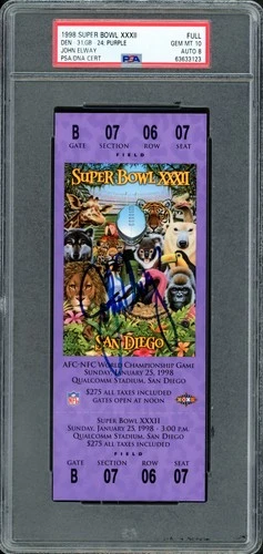 John Elway Auto Signed 1998 Super Bowl XXXII Ticket Broncos PSA 10 Sig 8 PSA/DNA