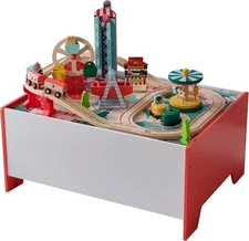 Teamson Kids Wooden Train Table Playset with Ferris Wheel & Carousel, Ages 3+