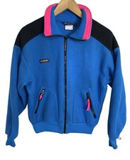 Vintage 90  s Columbia Women  s Blue Neon Pink Radical Zip Up Fleece Jacket Size L