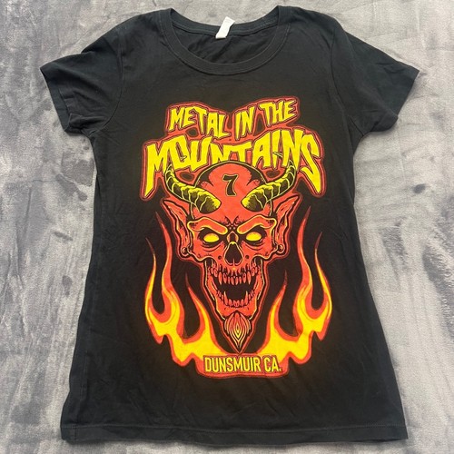 Next Level Metal in the Mountains T-Shirt Womens L Black Graphic Band Tee Skull