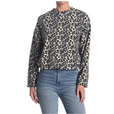 Abound Womens Cozy Fleece Crew Neck Sweatshirt in Black Giada Leopard Small $30