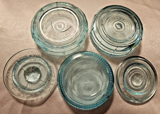 5 Vintage Aqua Glass Lids Whitall's 1861 Mason's 1870 Chrystal 1873 & 1878