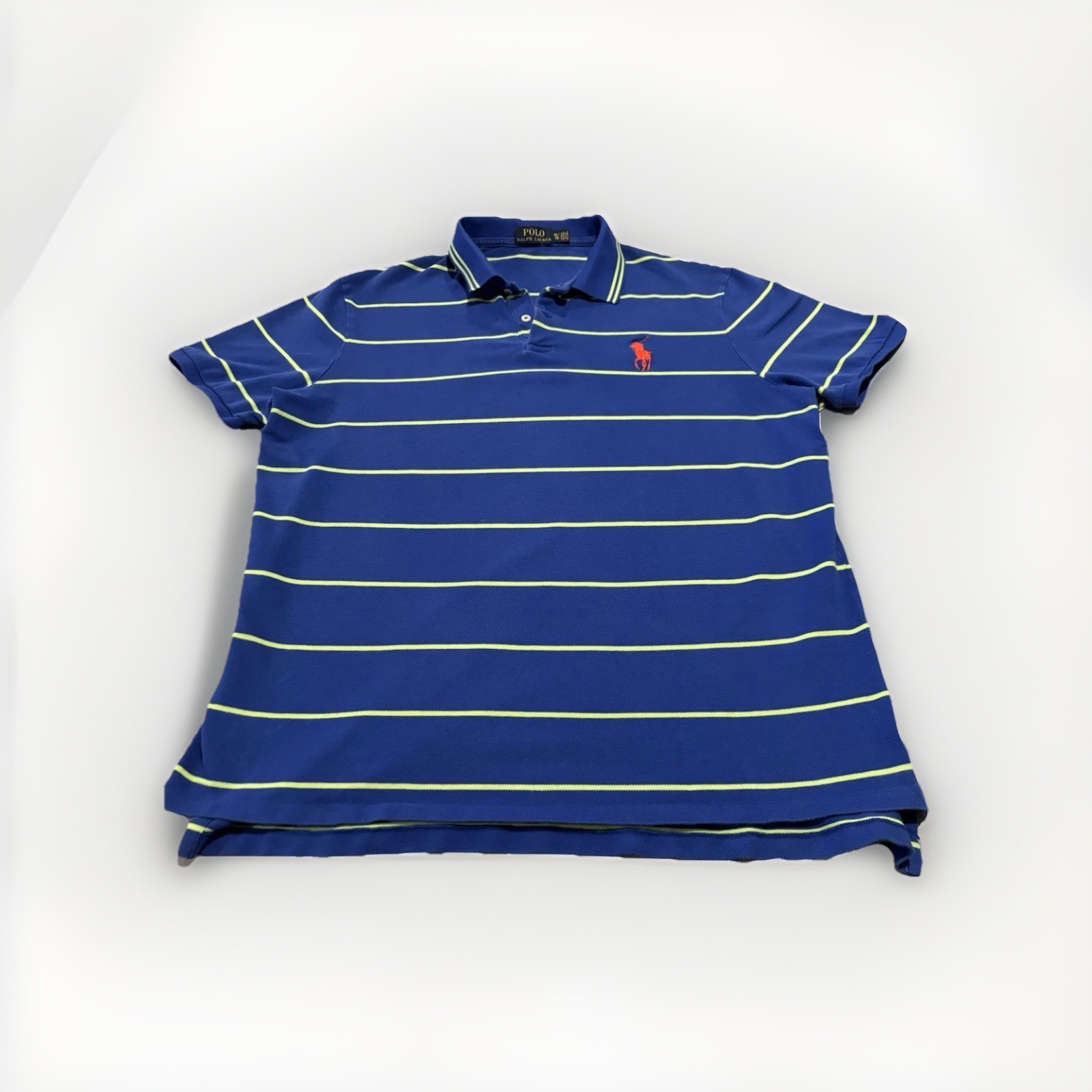 Polo Ralph Lauren Shirt Mens XL Blue Lime Green Striped Short Sleeve Pony Logo