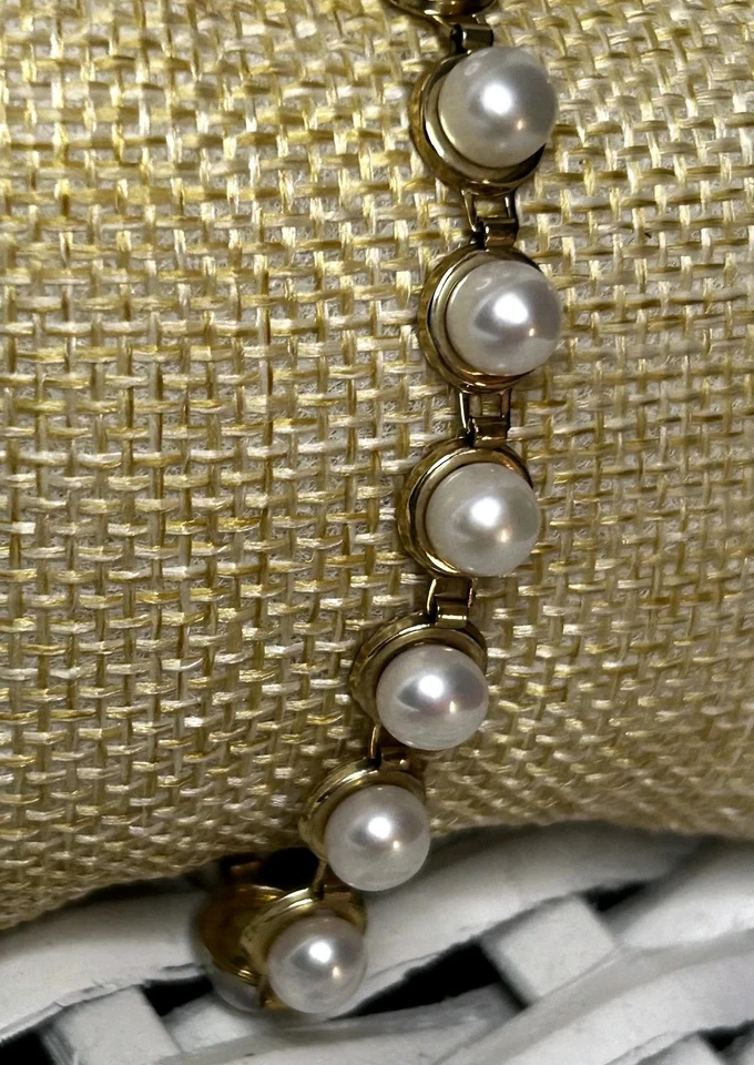 C1 10K Solid Yellow Gold Tennis Bracelet White Pearl Gemstones Tennis Bracelet - Image 3 of 4