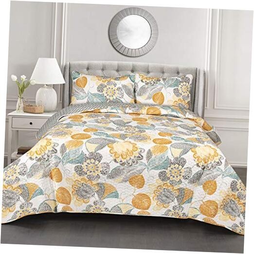  Full Queen Layla Quilt Floral Leaf Print 3 Piece Full/Queen