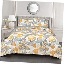 Full Queen Layla Quilt Floral Leaf Print 3 Piece Full/Queen Yellow  Gray