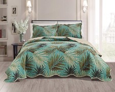 3-Piece Fine Printed Tropical Palm Leaves Oversize 115" X 95" Quilt Set, Be...