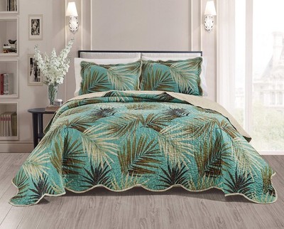 3-Piece Fine Printed Tropical Palm Leaves Oversize (115'' X 95'') Quilt Set, Be...