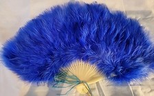 Vintage Royal Blue Marabou Feather Fan White Plastic, Gold Metal Handle 11  H