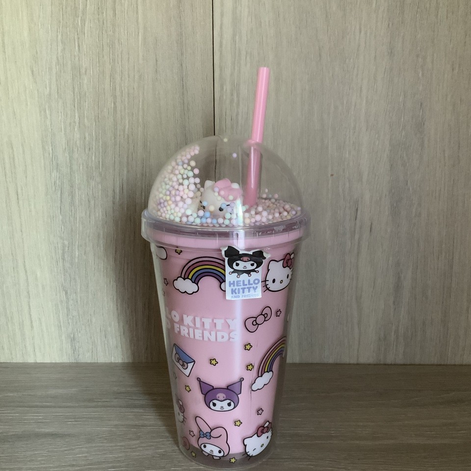 Hello Kitty Verre à boire plastique rose multicolore avec couvercle et paille
