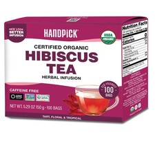 HANDPICK, Organic Hibiscus Tea Bags 100 Tea Bags  Caffeine-Free, 100 Natural
