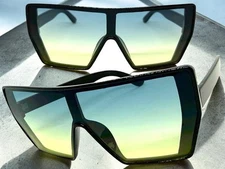 Oversized Modern Retro Wrap Shield Rave SUNGLASSES Large Black Frame Green Lens