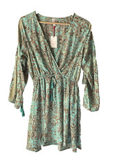 Anthropologie Raga dress tropical slit sleeve tassel bow tie teal brown Medium