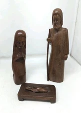 African Tribal Folk Art Nativity Hand Carved  Dark Wood Set of 9 Pieces 
