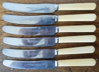 6 Vintage SHEFFIELD BUTTER Side KNIVES 1930s Stainless Blades Faux Bone Handles