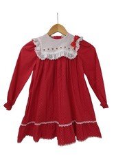 Vintage Holiday Party Dress Girls 6X Red White Floral Collar Lace Long Sleeve